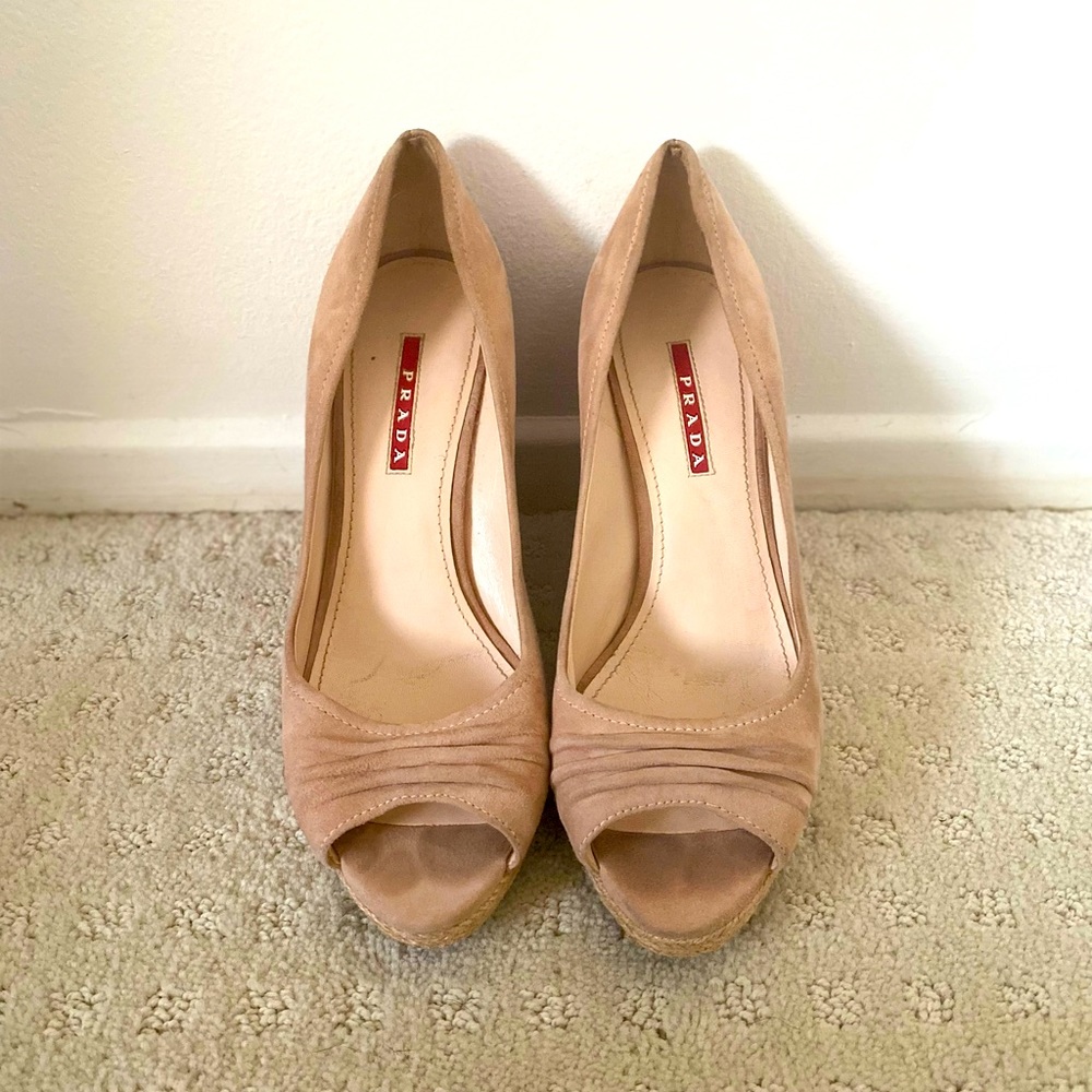 Prada Suede Peep Toe Wedges